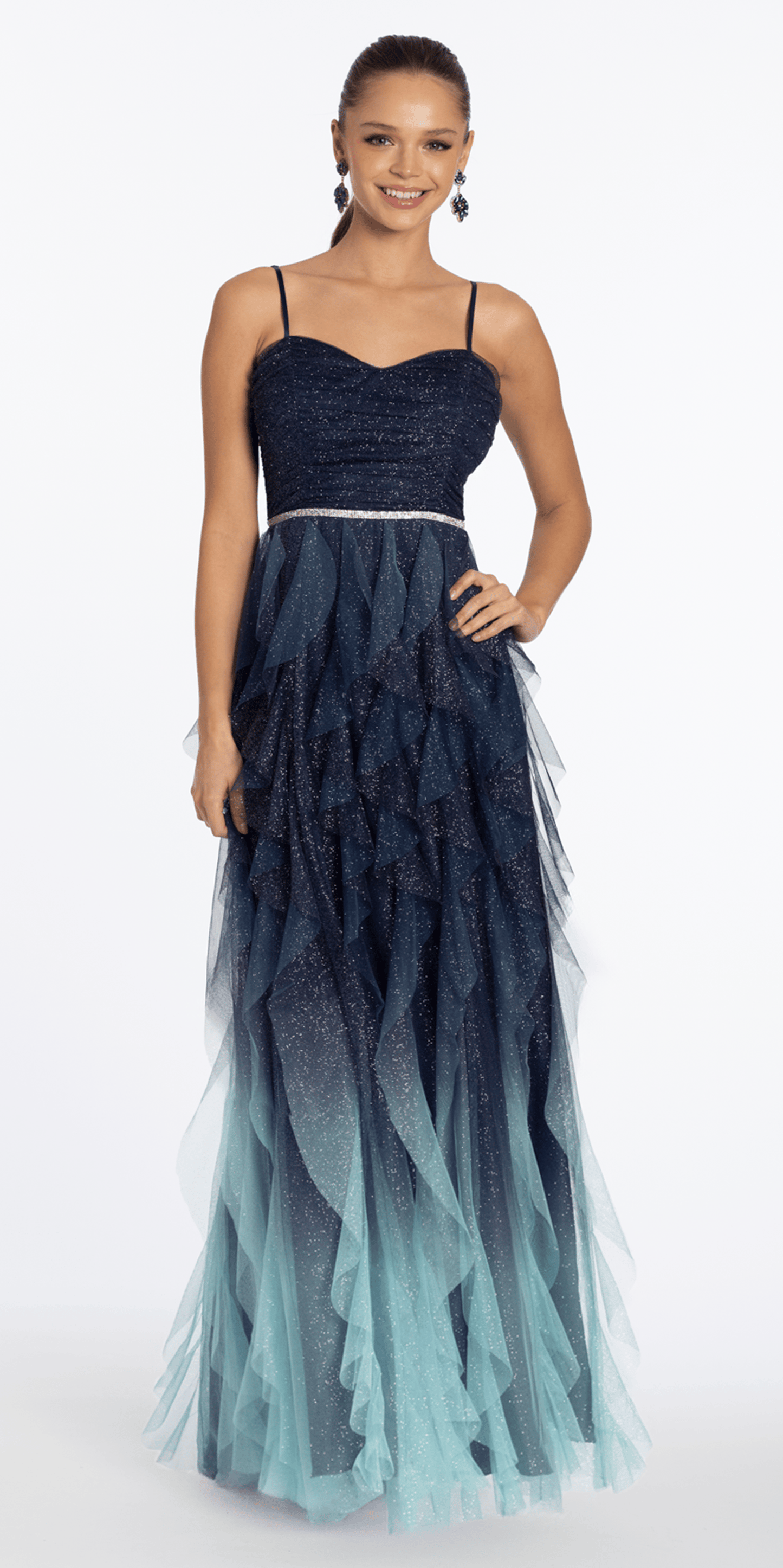 Strappy Back Ombre Glitter Mesh A Line Dress with Rhinestone Detail - Camille La Vie