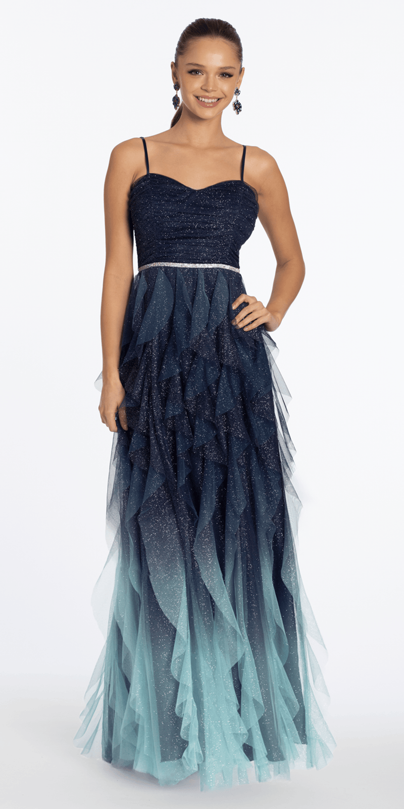 Strappy Back Ombre Glitter Mesh A Line Dress with Rhinestone Detail - Camille La Vie