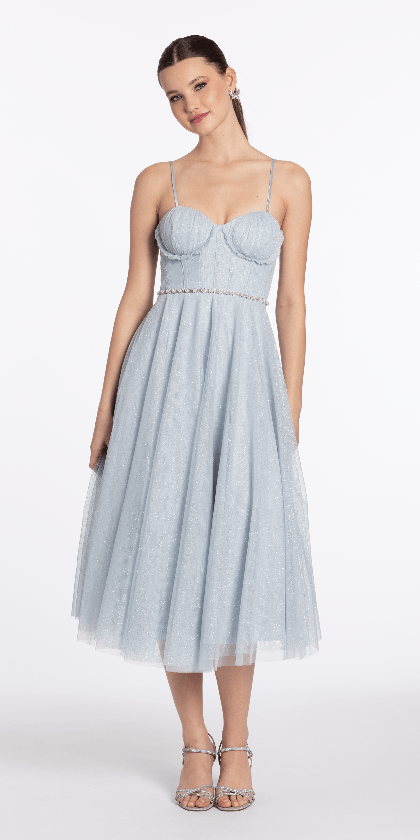 sky-blue/size/4/missy/Camille La Vie/Glitter Mesh Corset Tea Length Dress with Pearl Waist/front