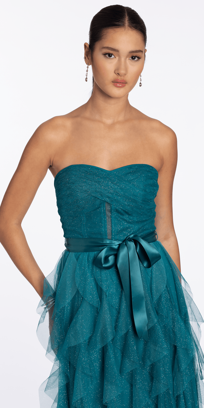 Strapless Glitter Mesh Ombre A Line Dress with Tendrils - Camille La Vie