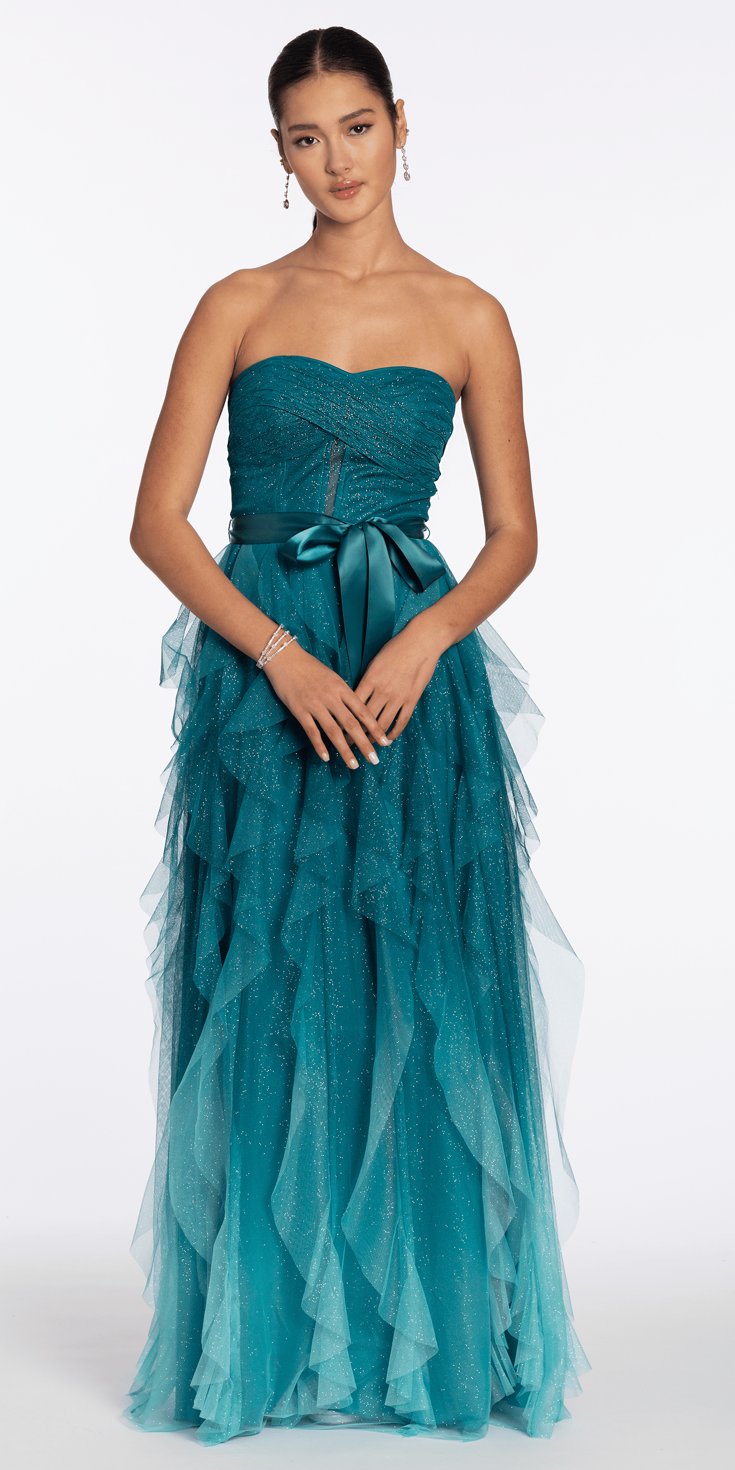 Strapless Glitter Mesh Ombre A Line Dress with Tendrils - Camille La Vie