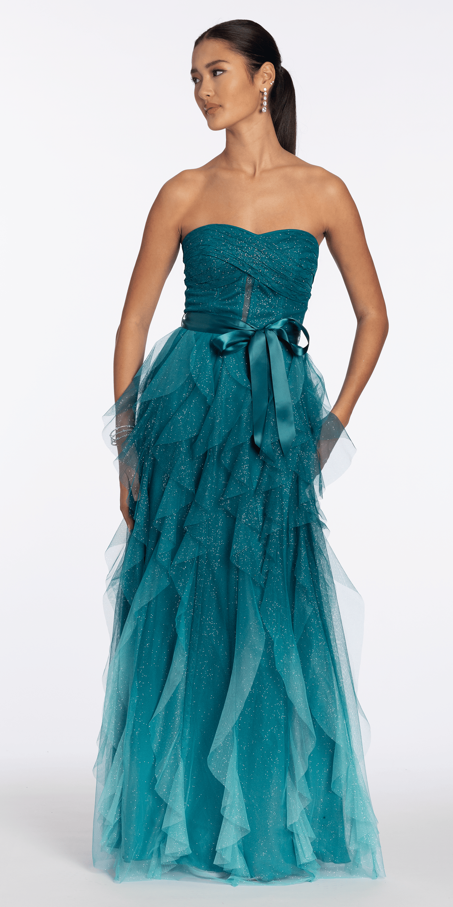 Strapless Glitter Mesh Ombre A Line Dress with Tendrils - Camille La Vie