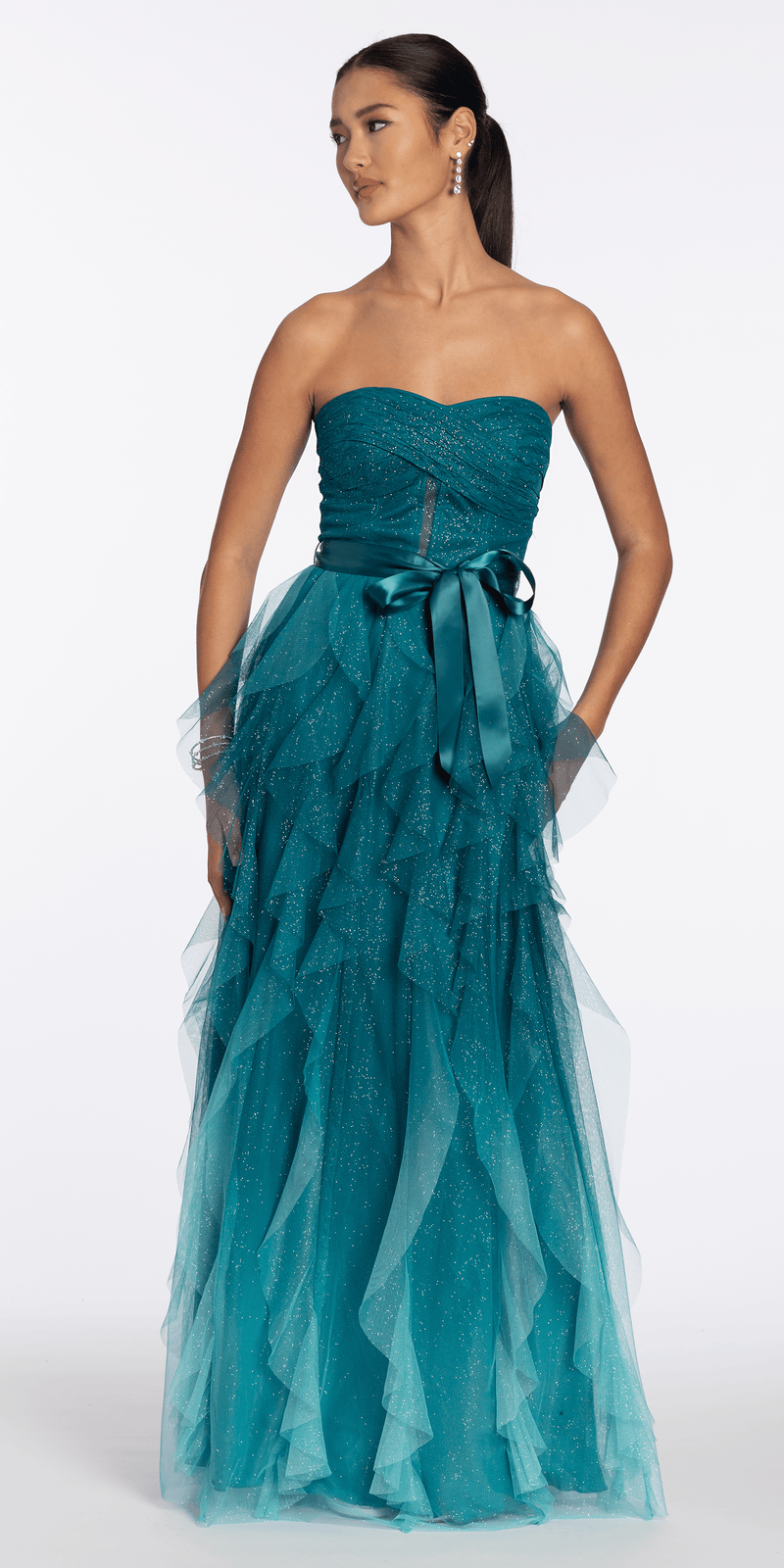 Strapless Glitter Mesh Ombre A Line Dress with Tendrils - Camille La Vie
