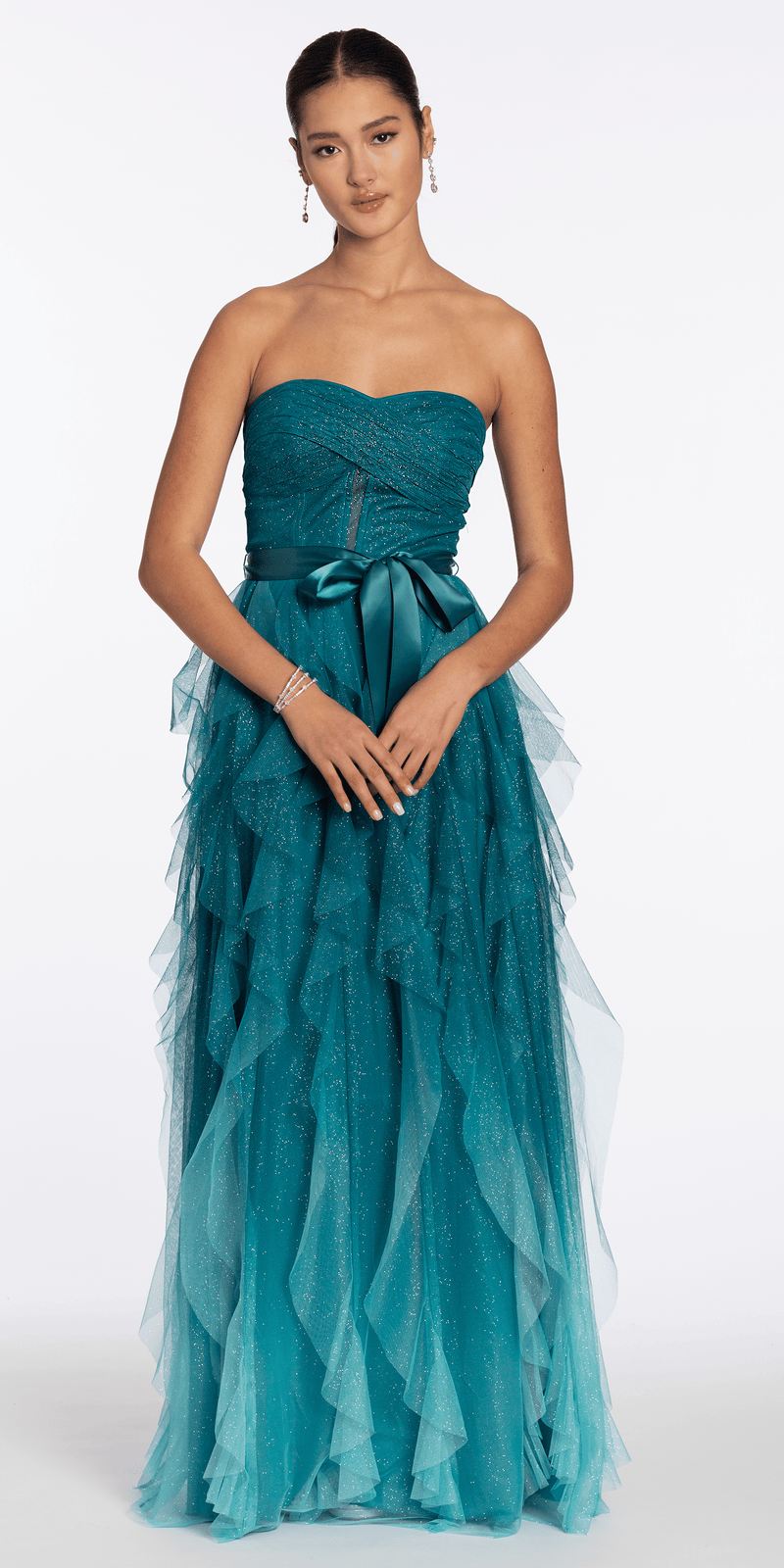 Strapless Glitter Mesh Ombre A Line Dress with Tendrils - Camille La Vie
