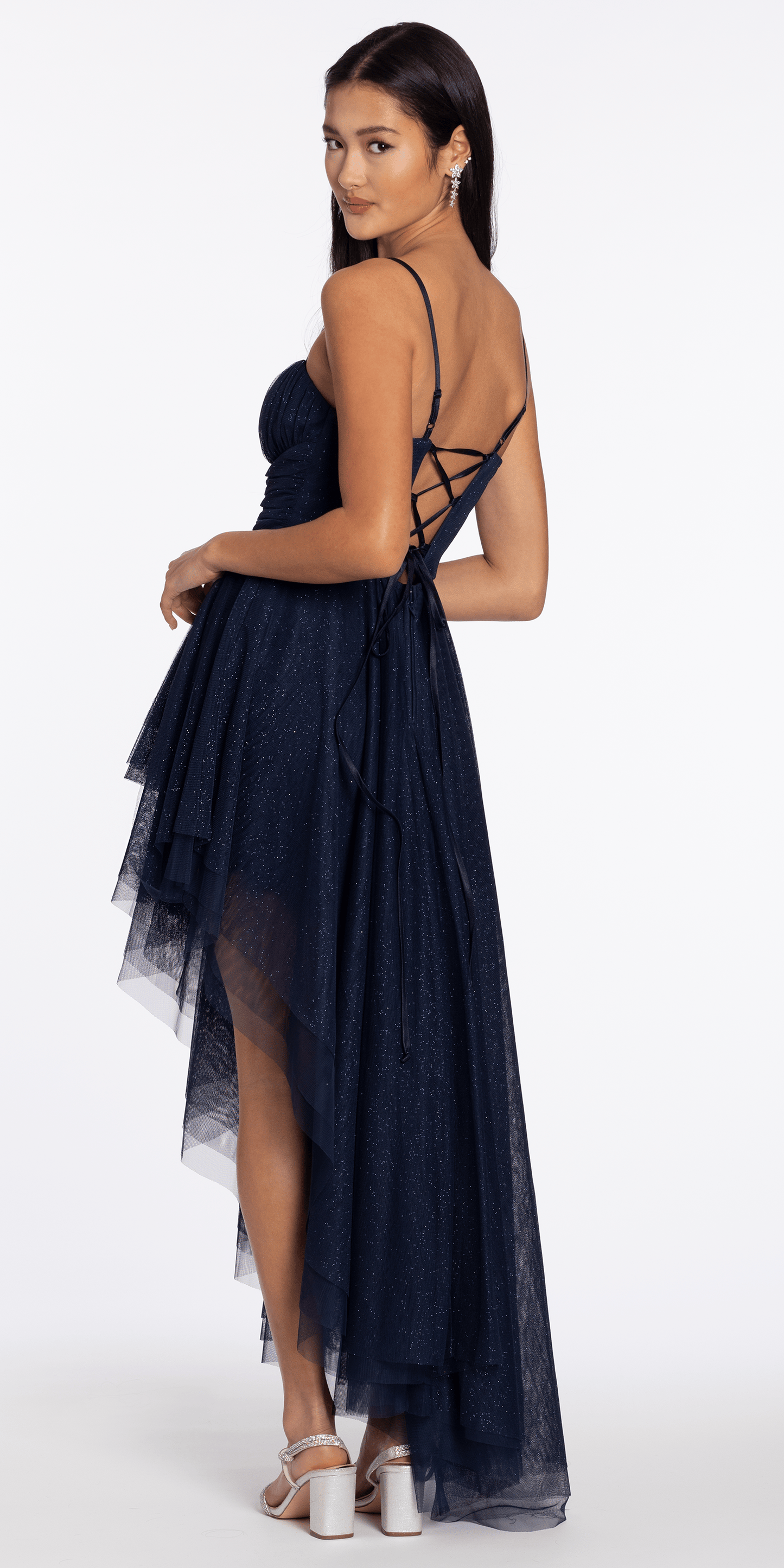 Strappy Back Glitter Mesh Sweetheart Corset High-Low Dress - Camille La Vie