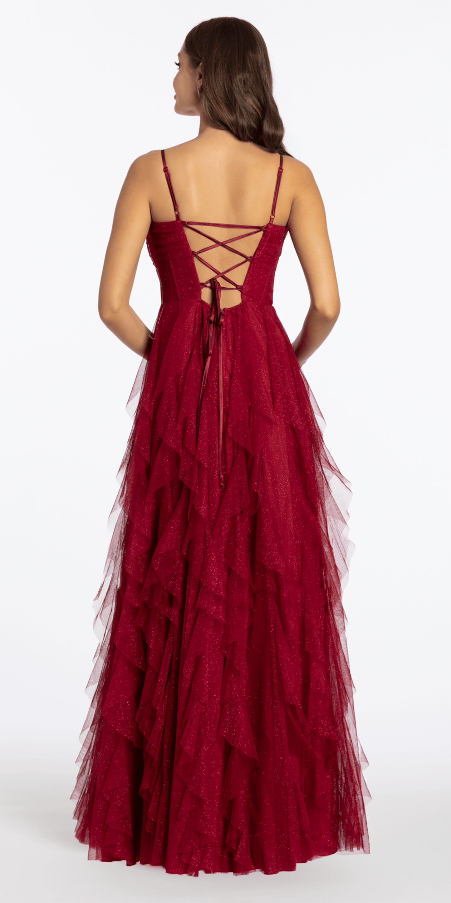 Lace Up Back Glitter Mesh Corset A Line Dress with Tendrils - Camille La Vie