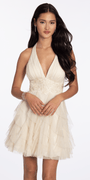 Glitter Mesh Halter Fit and Flare Dress with Embroidered Waist - Camille La Vie
