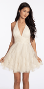 Glitter Mesh Halter Fit and Flare Dress with Embroidered Waist - Camille La Vie