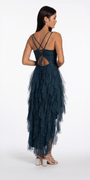 Camille La Vie Strappy Back Glitter Mesh High Low Dress with Tendrils