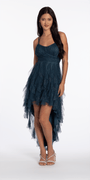 Camille La Vie Strappy Back Glitter Mesh High Low Dress with Tendrils