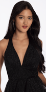 Camille La Vie Glitter Mesh Halter Fit and Flare Dress with Tendrils