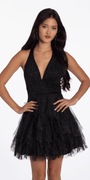 Camille La Vie Glitter Mesh Halter Fit and Flare Dress with Tendrils