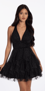 Camille La Vie Glitter Mesh Halter Fit and Flare Dress with Tendrils junior / 4 / black-silver