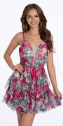 Plunging Floral Tiered Fit and Flare Dress with Satin Tie - Camille La Vie