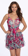 Plunging Floral Tiered Fit and Flare Dress with Satin Tie - Camille La Vie