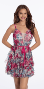 Plunging Floral Tiered Fit and Flare Dress with Satin Tie - Camille La Vie