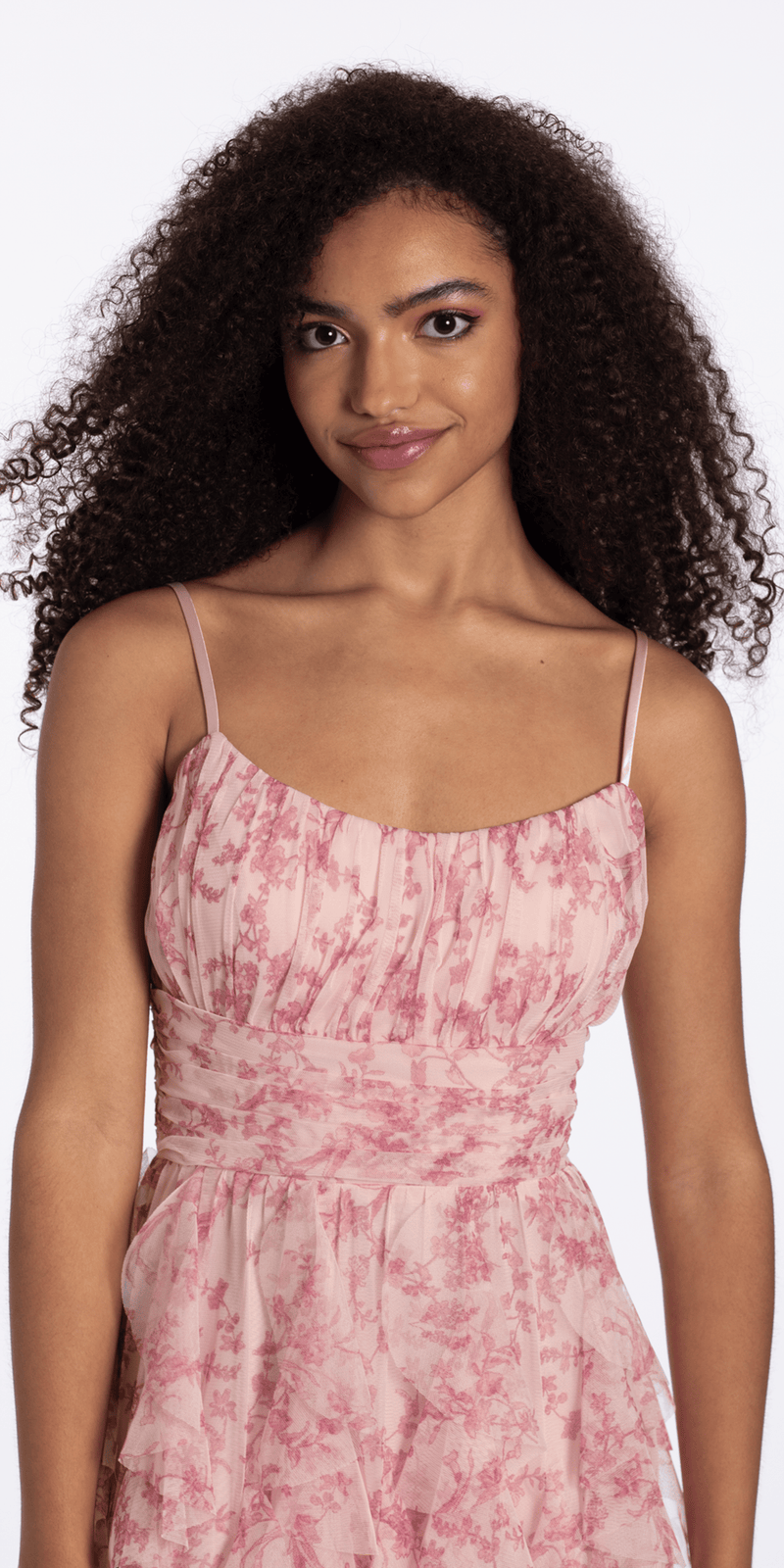 blush/size/4/missy/Camille La Vie/Mesh Posie Print Lace Up Back Sweetheart Fit and Flare Dress/close up