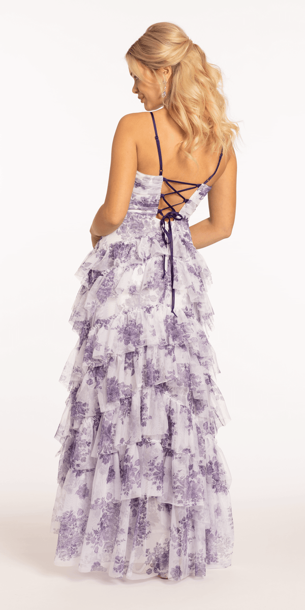 Sweetheart Mesh Floral Tiered Lace Up A Line Dress - Camille La Vie