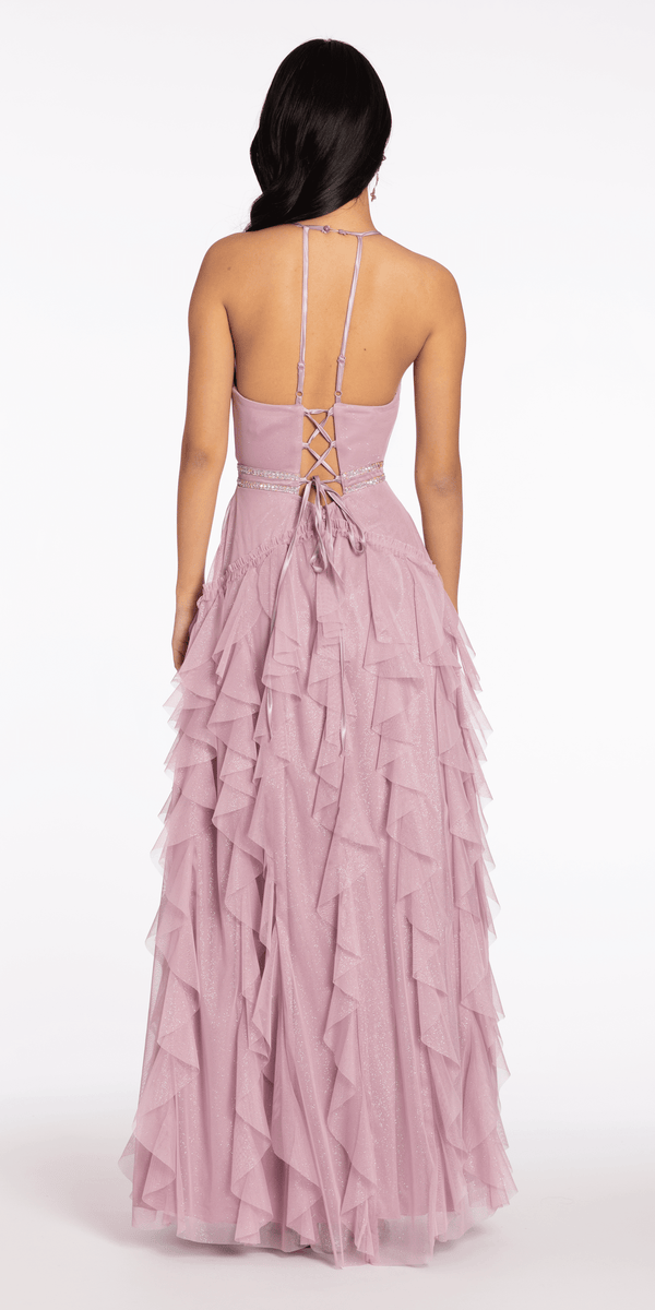 Mesh Strappy Back Halter Tiered Ballgown - Camille La Vie