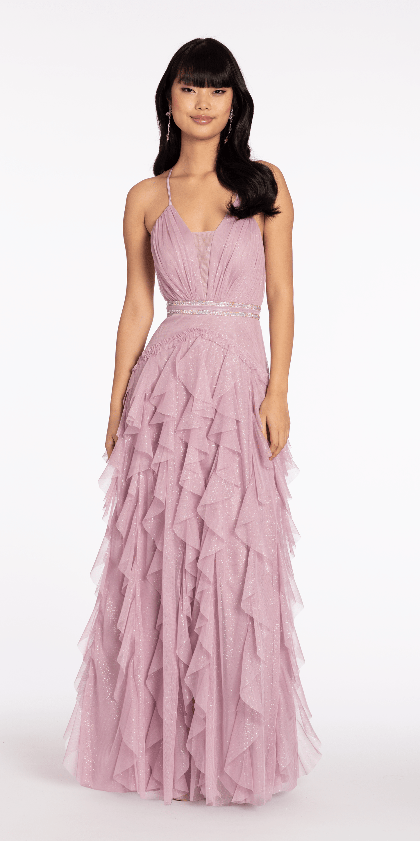 Mesh Strappy Back Halter Tiered Ballgown - Camille La Vie