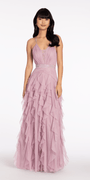 Mesh Strappy Back Halter Tiered Ballgown - Camille La Vie