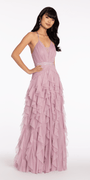 Mesh Strappy Back Halter Tiered Ballgown - Camille La Vie