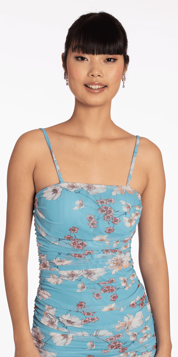 Square Neck Spaghetti Strap Floral Mesh Ruched Bodycon Dress - Camille La Vie