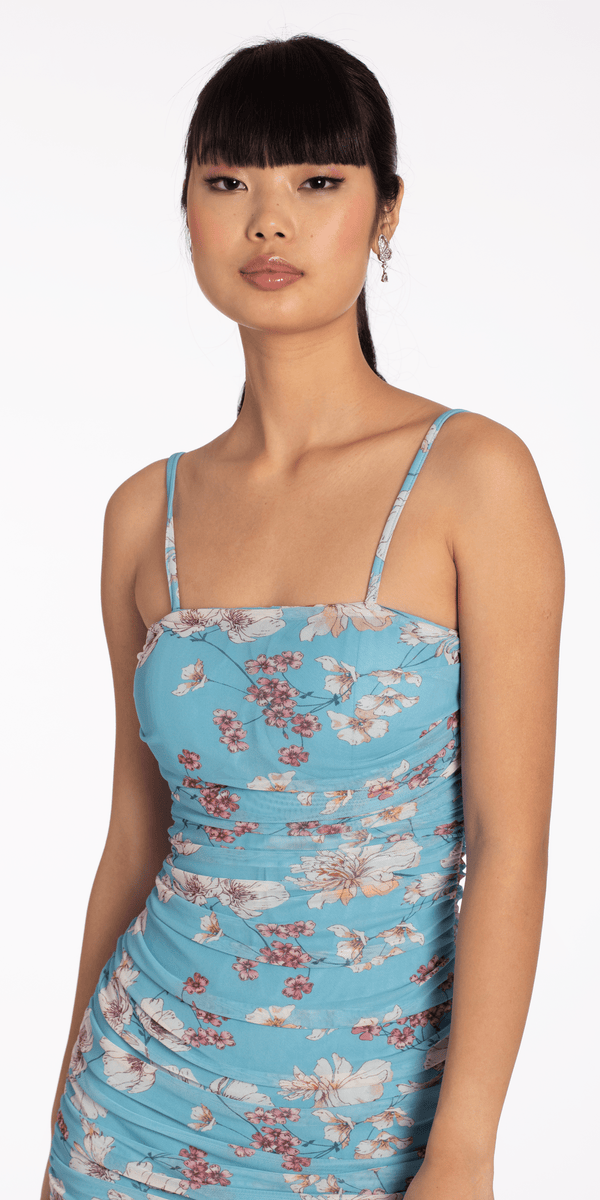 Square Neck Spaghetti Strap Floral Mesh Ruched Bodycon Dress - Camille La Vie