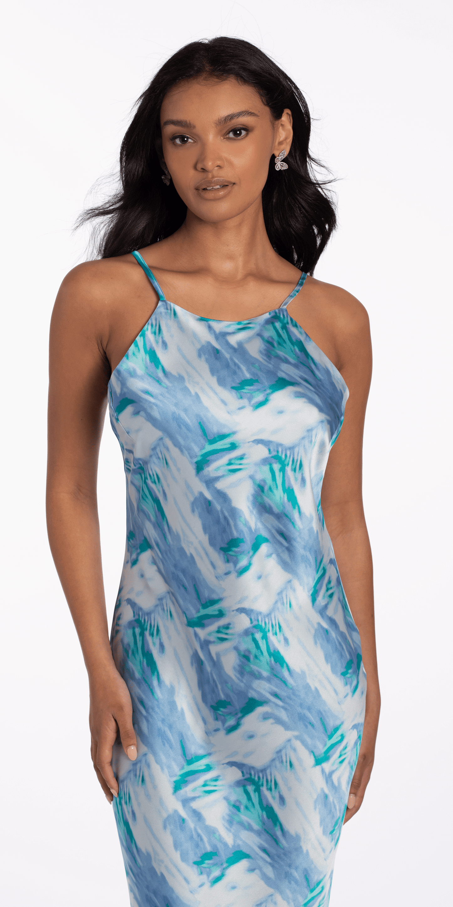 Satin Watercolor Strappy Back Halter Midi Dress - Camille La Vie