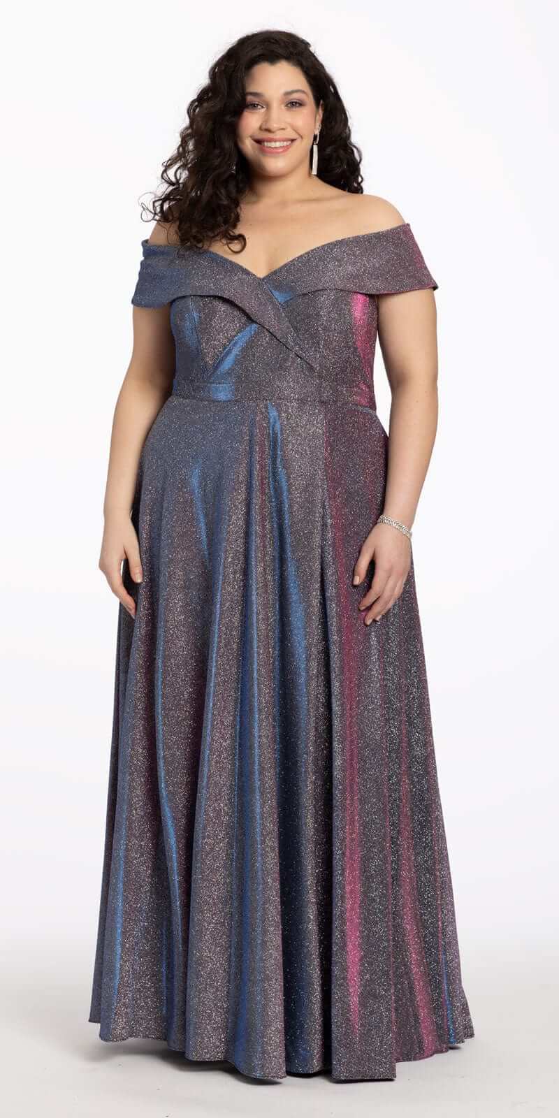 Off The Shoulder Surplice Two Tone Metallic Dress - Camille La Vie