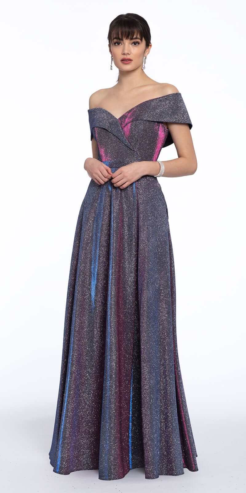 Off The Shoulder Surplice Two Tone Metallic Dress - Camille La Vie