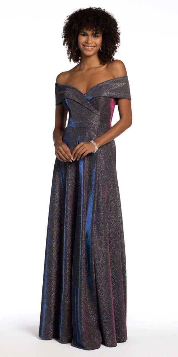 black-fuchsia/size/4/missy/Camille La Vie/Off The Shoulder Surplice Two Tone Metallic Dress/front alt