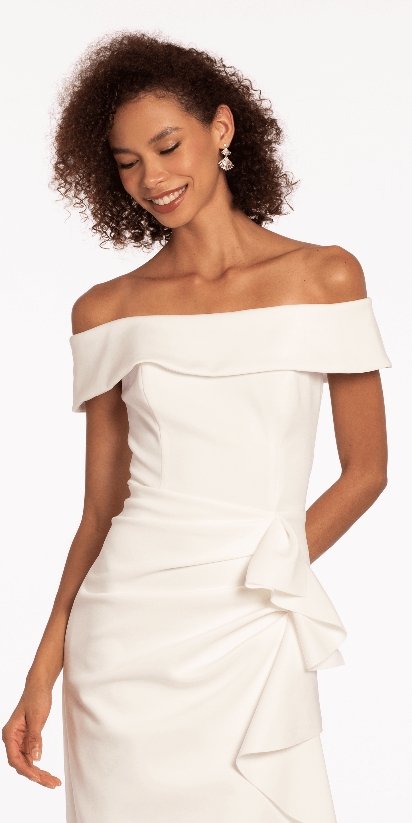 Off the Shoulder Scuba Dress with Side Cascade - Camille La Vie