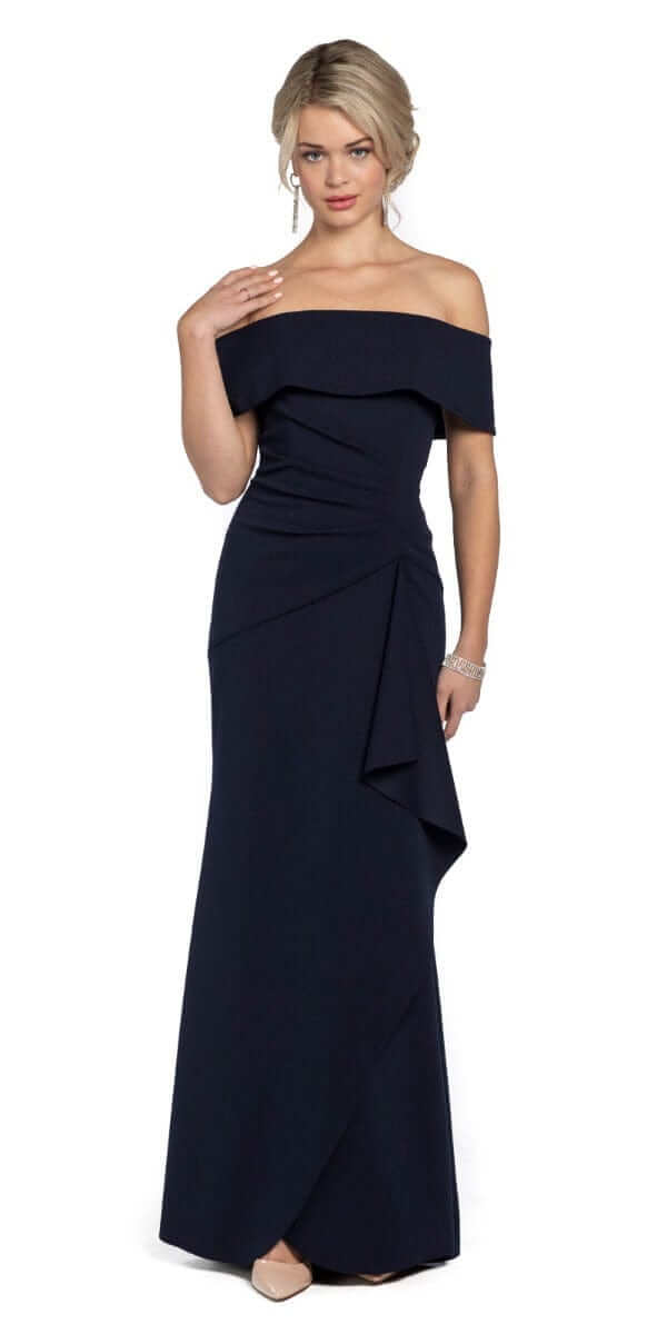 Off the Shoulder Crepe Dress with Side Drape - Camille La Vie