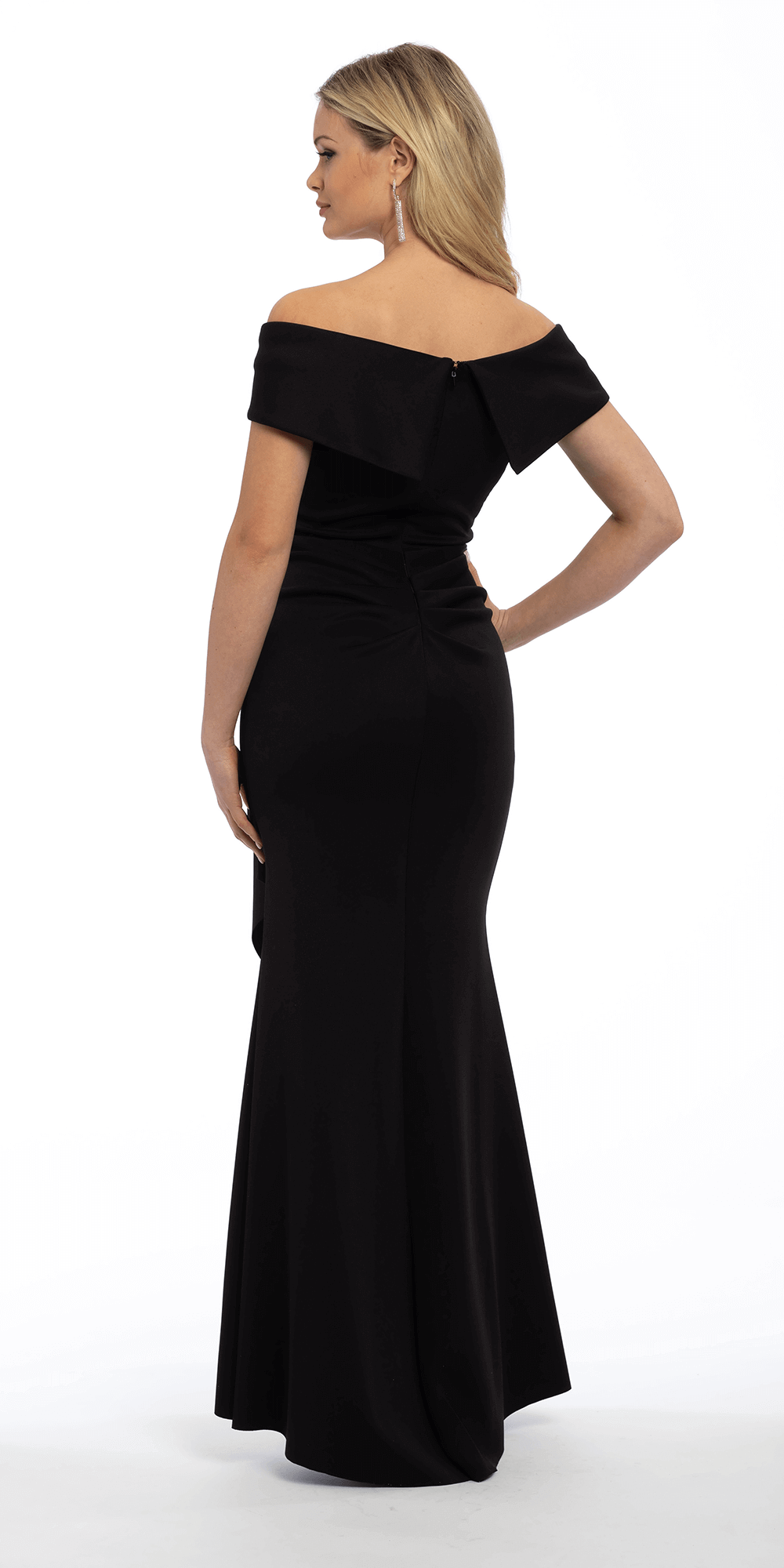 Off the Shoulder Scuba Dress with Side Ruffle - Camille La Vie