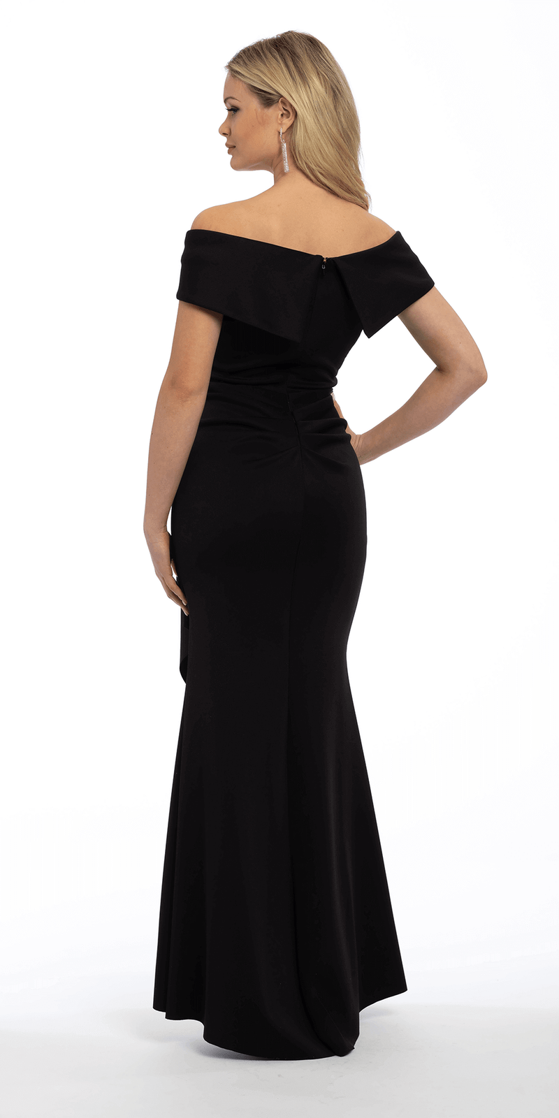 Off the Shoulder Scuba Dress with Side Ruffle - Camille La Vie