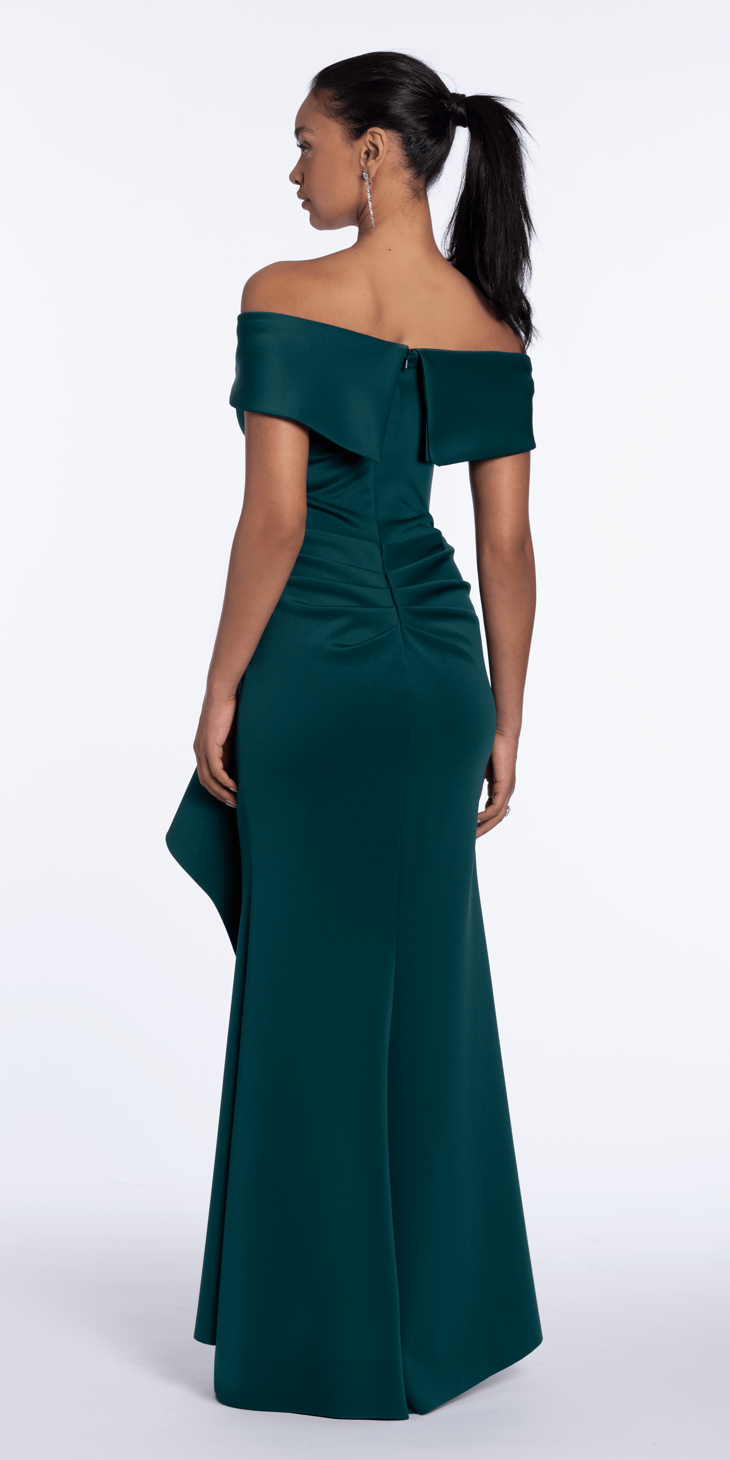 Off the Shoulder Scuba Dress with Side Ruffle - Camille La Vie