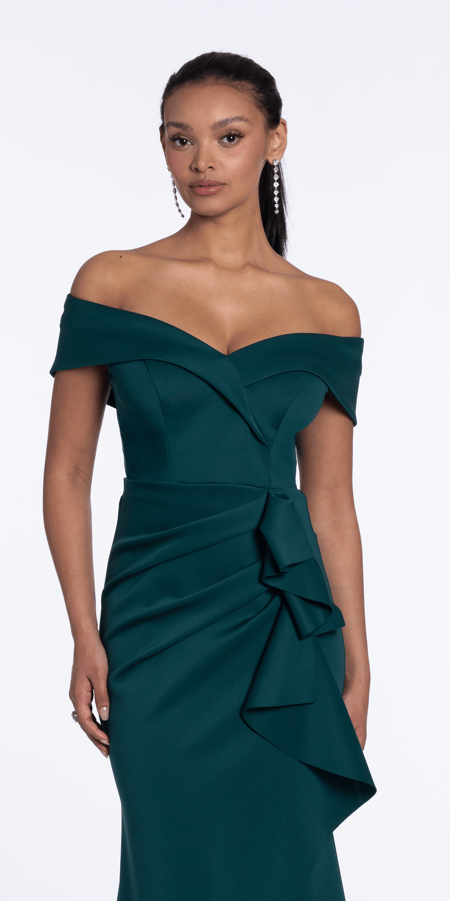 Off the Shoulder Scuba Dress with Side Ruffle - Camille La Vie