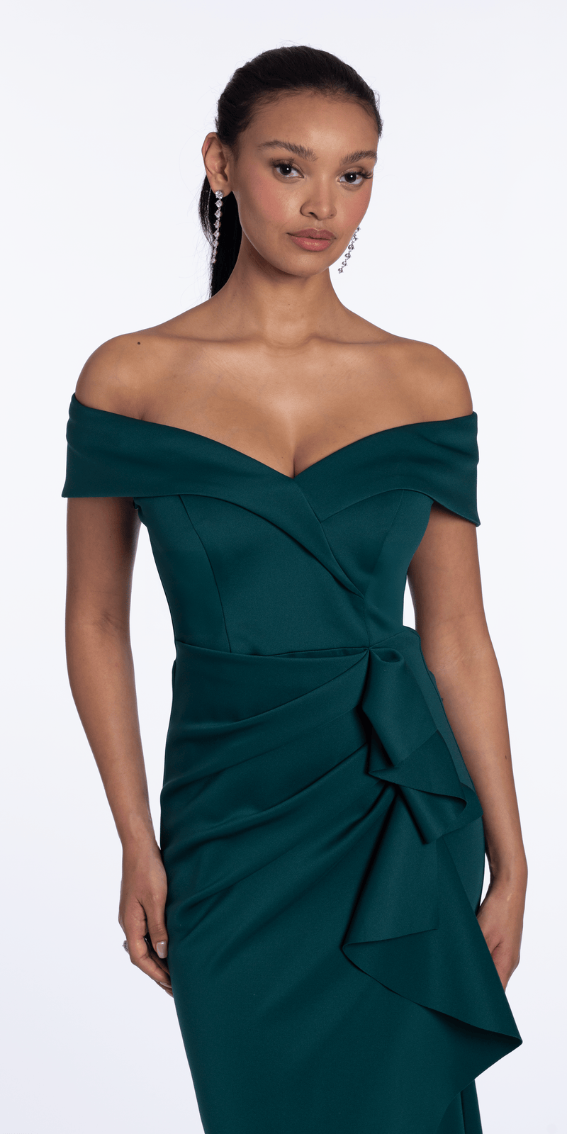 Off the Shoulder Scuba Dress with Side Ruffle - Camille La Vie