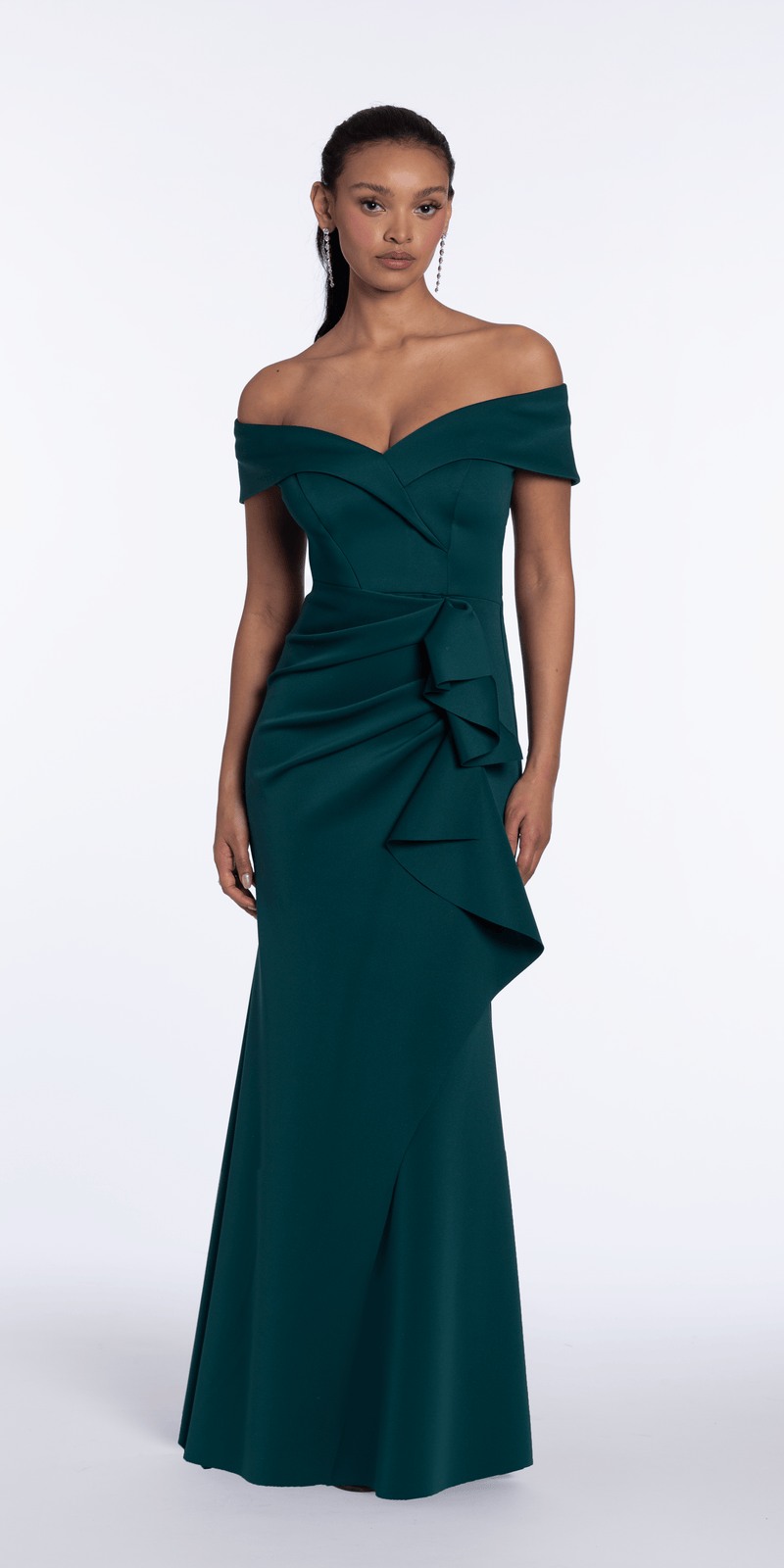 Off the Shoulder Scuba Dress with Side Ruffle - Camille La Vie