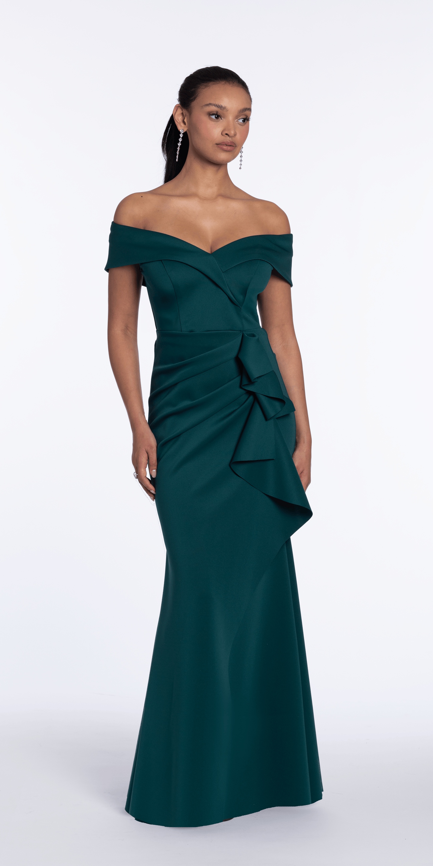 Off the Shoulder Scuba Dress with Side Ruffle - Camille La Vie