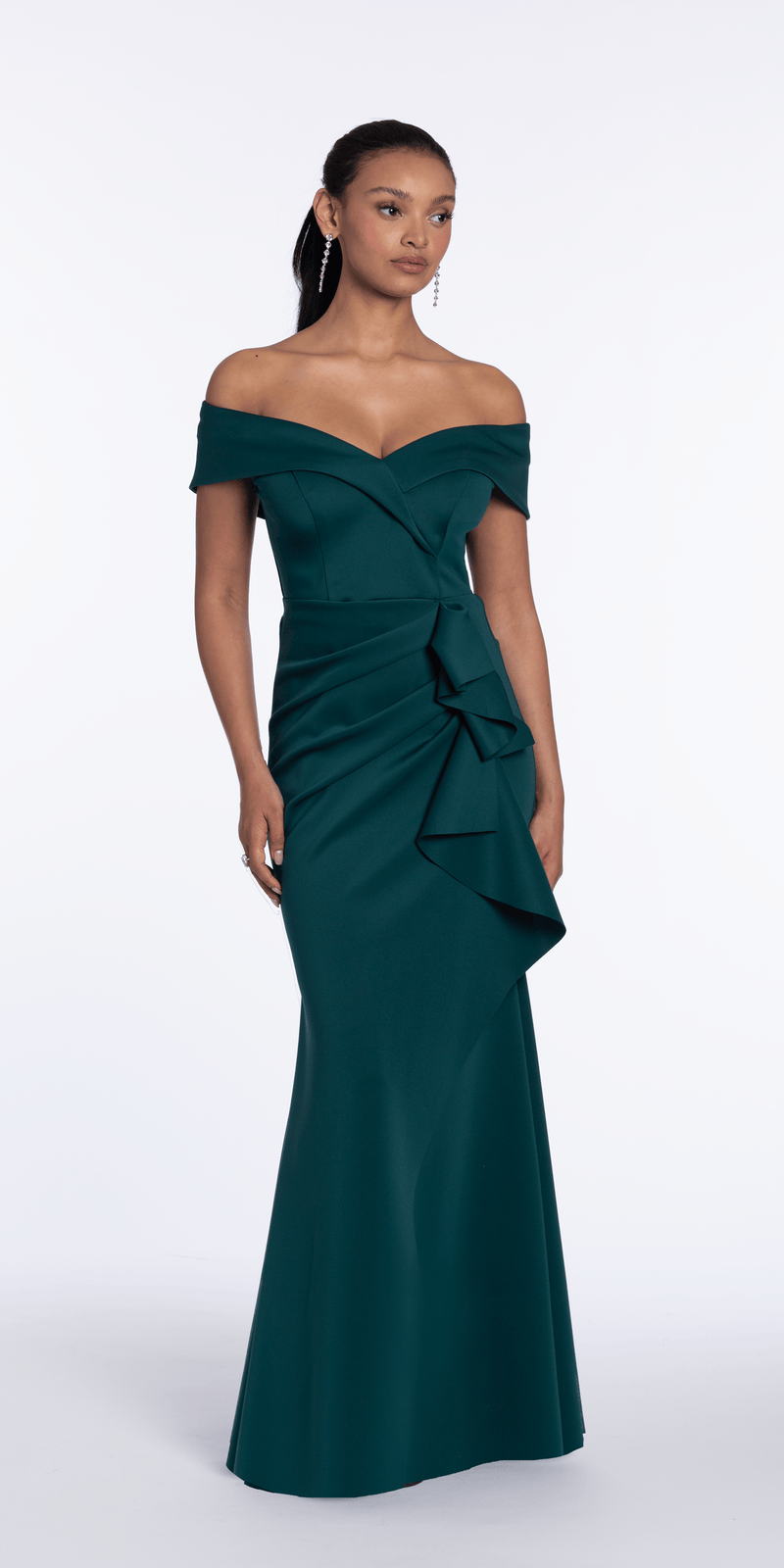 Off the Shoulder Scuba Dress with Side Ruffle - Camille La Vie