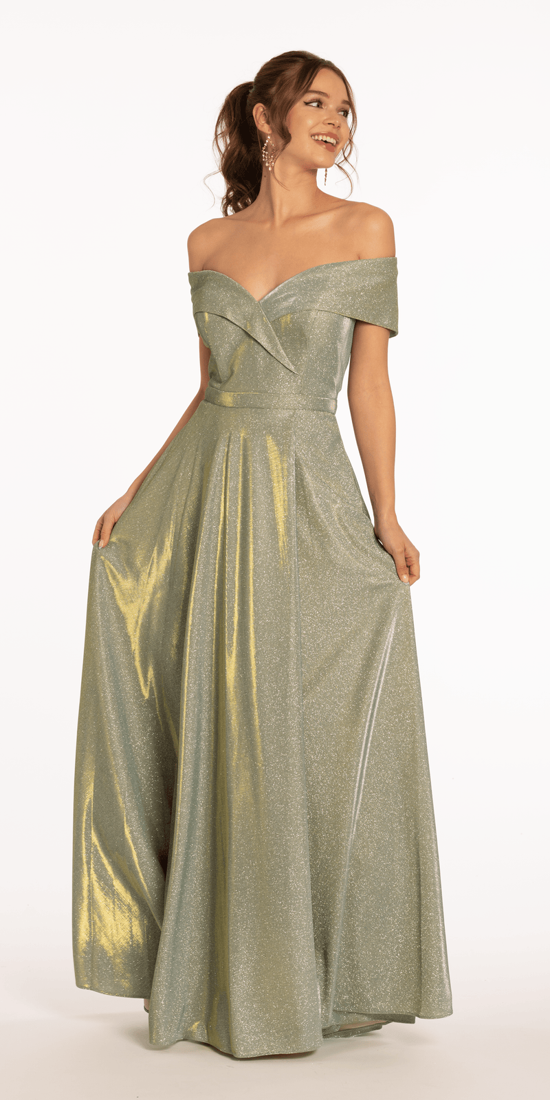 Two Tone Metallic Off the Shoulder Mock Wrap Dress - Camille La Vie