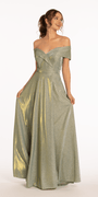 Two Tone Metallic Off the Shoulder Mock Wrap Dress - Camille La Vie