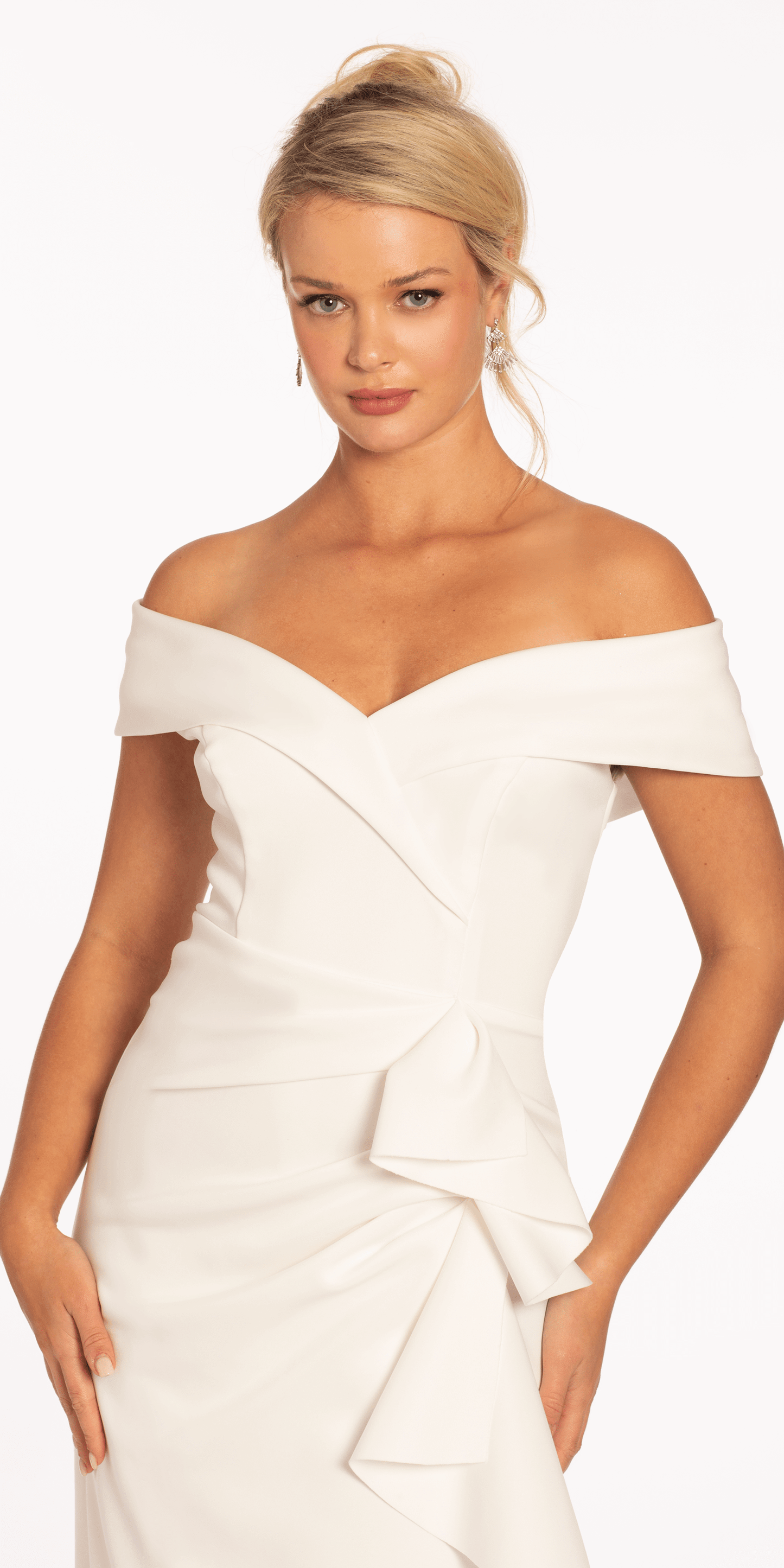 Off the Shoulder Midi Scuba Dress with Side Cascade - Camille La Vie
