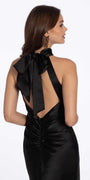 Charmeuse Satin Cutaway Halter Column Dress with Back Ruching - Camille La Vie