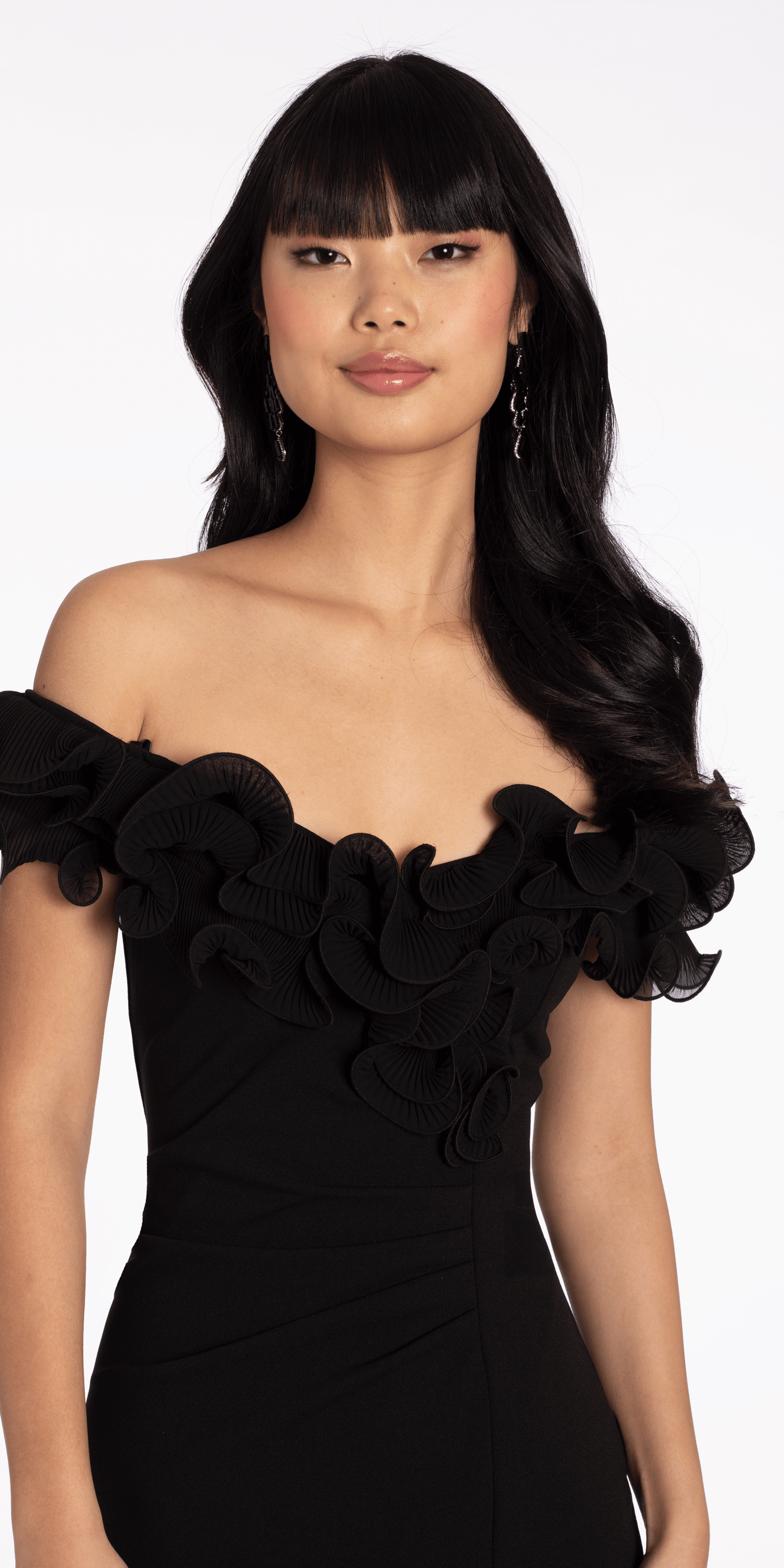 Ruffle Off the Shoulder Crepe Midi Dress with Ruching - Camille La Vie