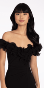 Ruffle Off the Shoulder Crepe Midi Dress with Ruching - Camille La Vie