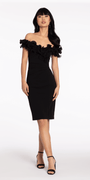 Ruffle Off the Shoulder Crepe Midi Dress with Ruching - Camille La Vie
