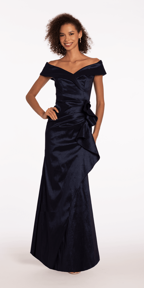 Taffeta Cuff Off the Shoulder Column Dress with Side Slit - Camille La Vie